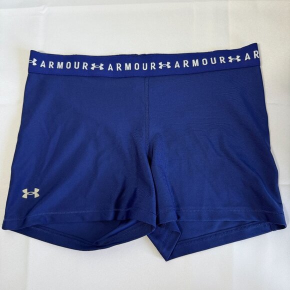 Under Armour HeatGear Shorty Womens M Blue Spandex Shorts Activewear Gym Workout - Picture 1 of 7